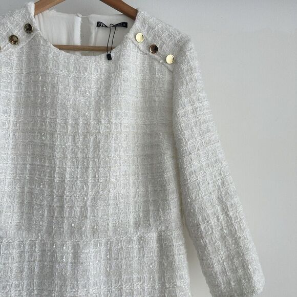 ZARA Tweed Dress Womens Large Peplum Structured Mini Elegant Old Money Ruffle - Picture 2 of 12